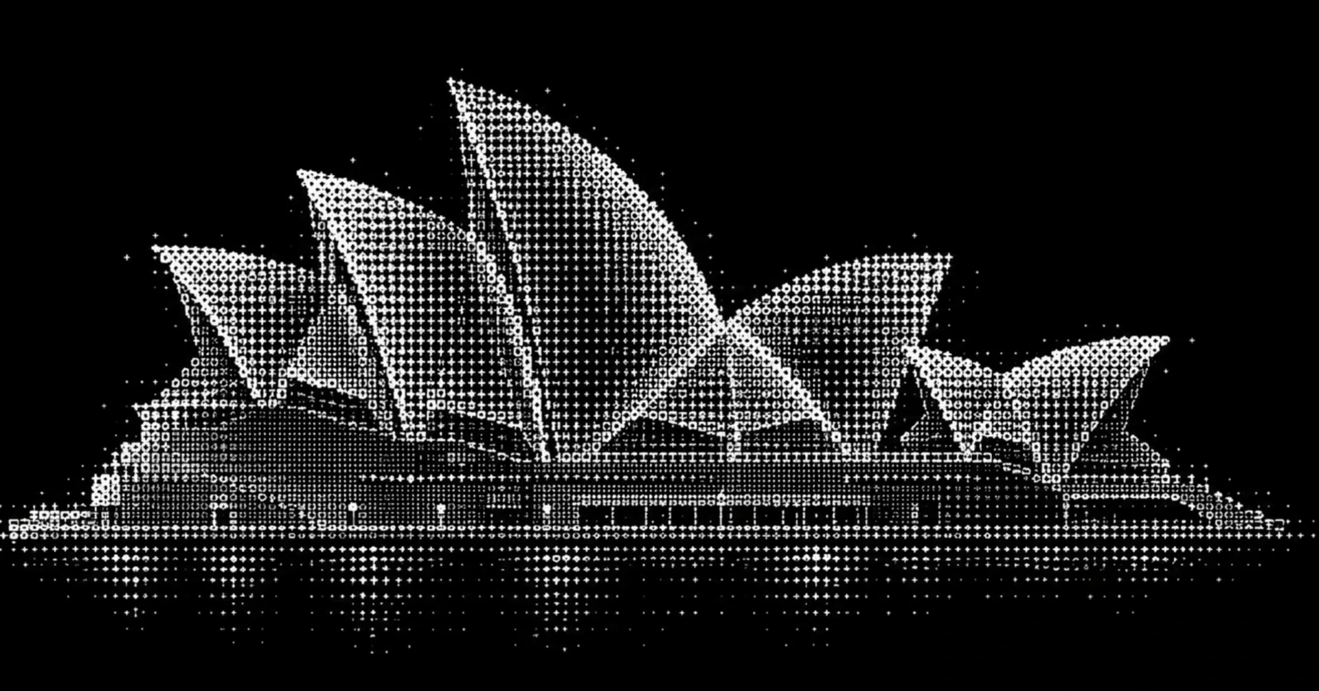Sydney Opera House drawn in thousands of white glyphs on black